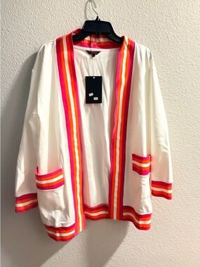 HAUTE SHORE Cream Open-Front cardigan with Pink & Orange Stripe Trim